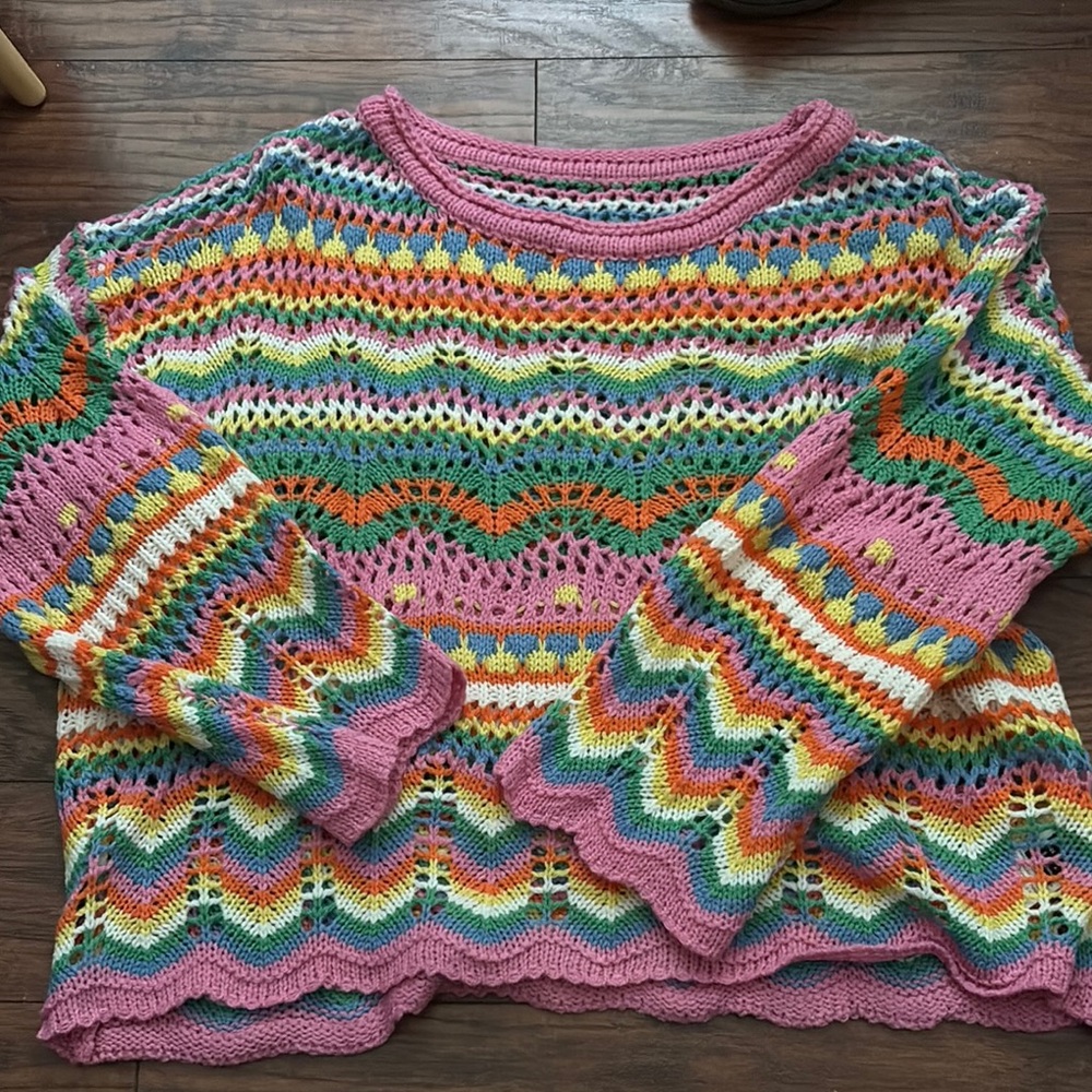 Multicolor stripe crochet Knit Women's Sweater sz M